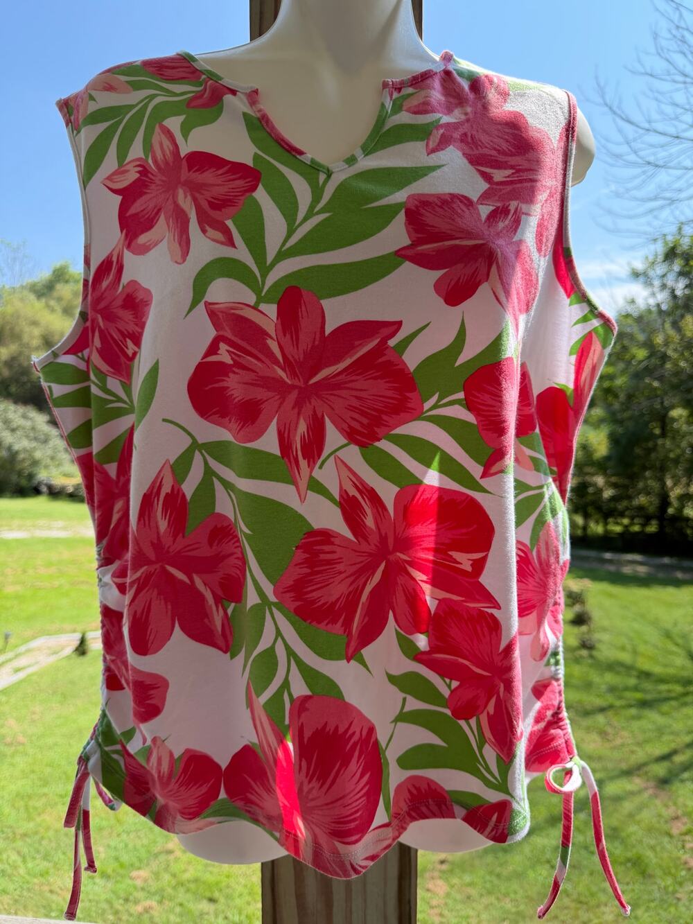 Palm Grove Tropical Pink Floral Ruched Tank Top XL Y2K Resort Beach Vacation